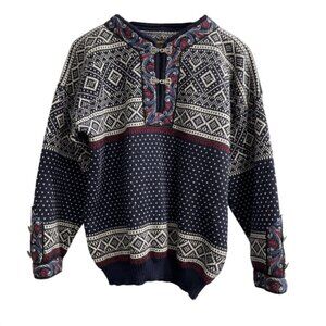 Norskwear Sweater Mens M Blue Wool Nordic Fair Isle Ornate Clasp Buttons Norway